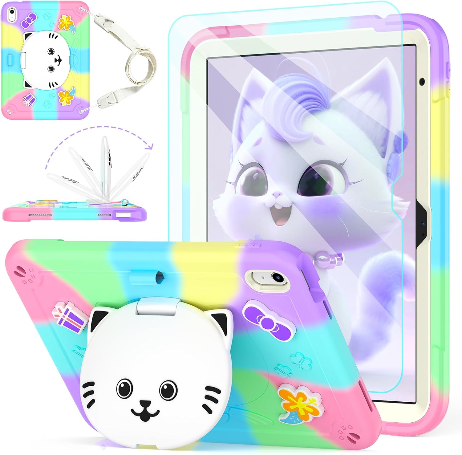 TOMORRY Case for iPad (A16) 11th 2025 /10th Generation 10.9 Inch 2022 with Tempered Glass Screen Protector,Cat Stand&Pencil Holder Shoulder Strap,Shockproof for iPad Case 10th Gen kids Girls-Colourful