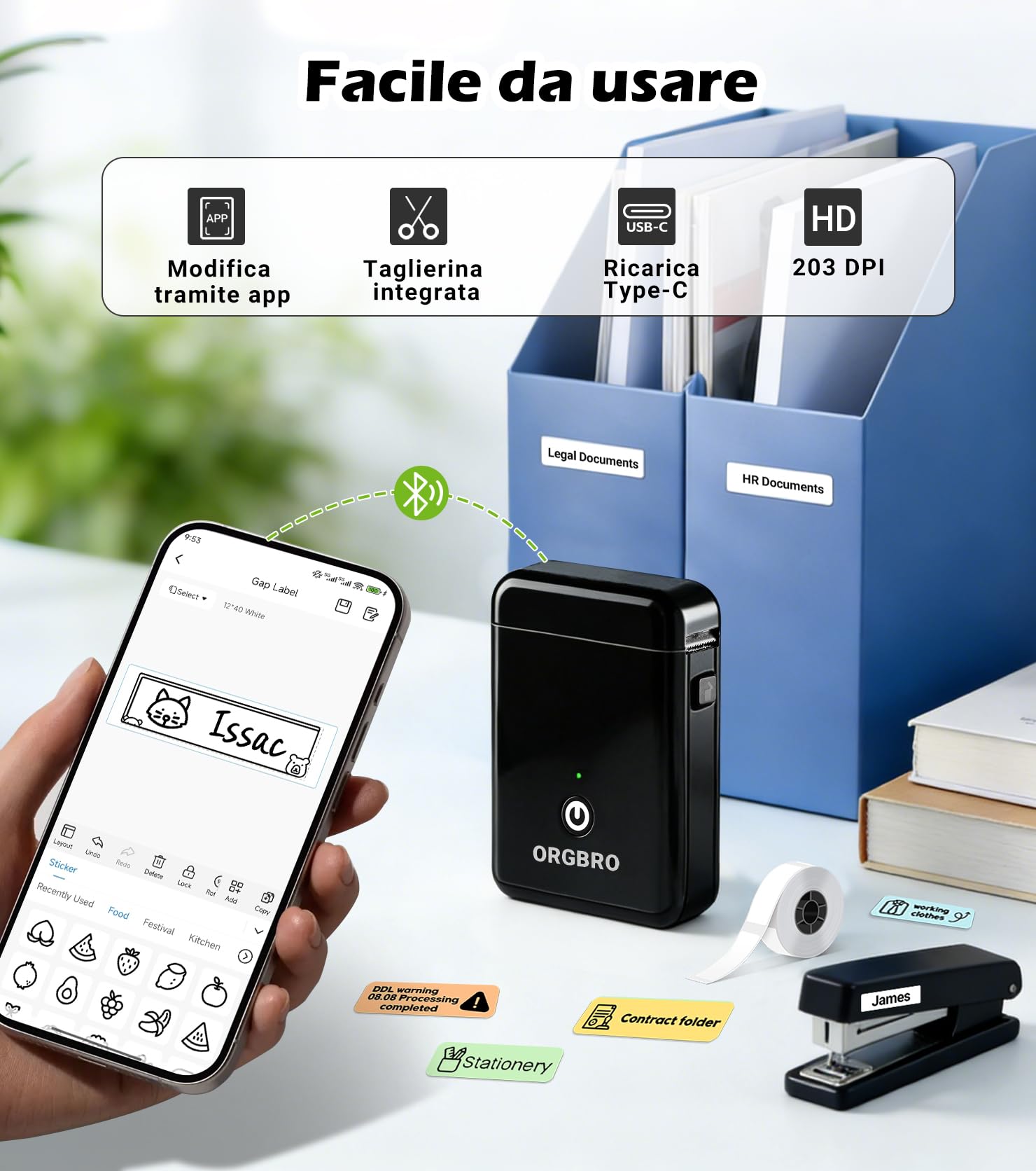 ORGBRO X1 Etichettatrice Termica Portatile Bluetooth Stampante Etichette Adesive Senza Inchiostro Compatibile iOS Android Nero