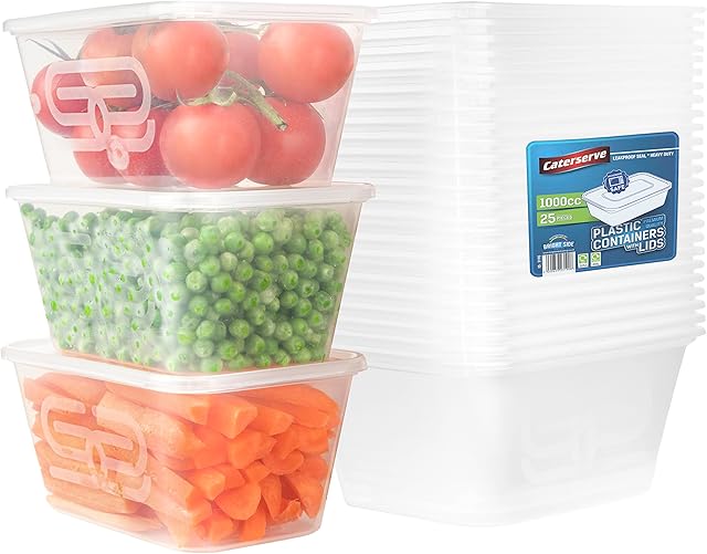 25 Takeaway Plastic Containers With lids 1000ml - Microwave and Dishwasher safe - Ideal for Food storage and Meal Prep - BPA free,recyclable,reusable