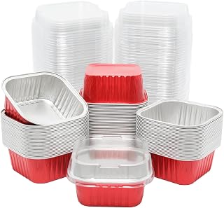 100 Pack 5oz Aluminum Pans with Lids, Red | Mini Square Foil Baking Cups with Lids Cupcake Baking Holders for Picnics Birthday Wedding Party