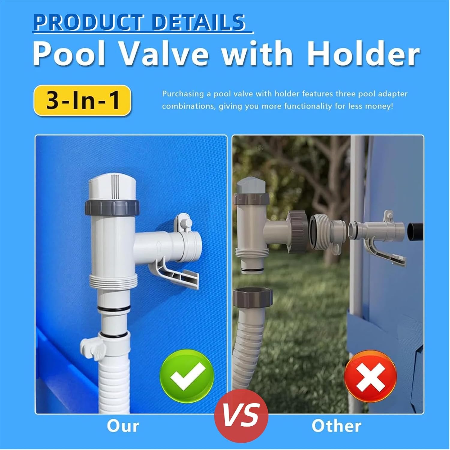 Plunger Valve for Above Ground Swimming Pool, Pool Replacement Parts with On-Off Valve, Pool Hose Adapter and Pool Pipe Holder, Pool Pump Parts, Above Ground Pool Accessories (Pipe Holder-2)