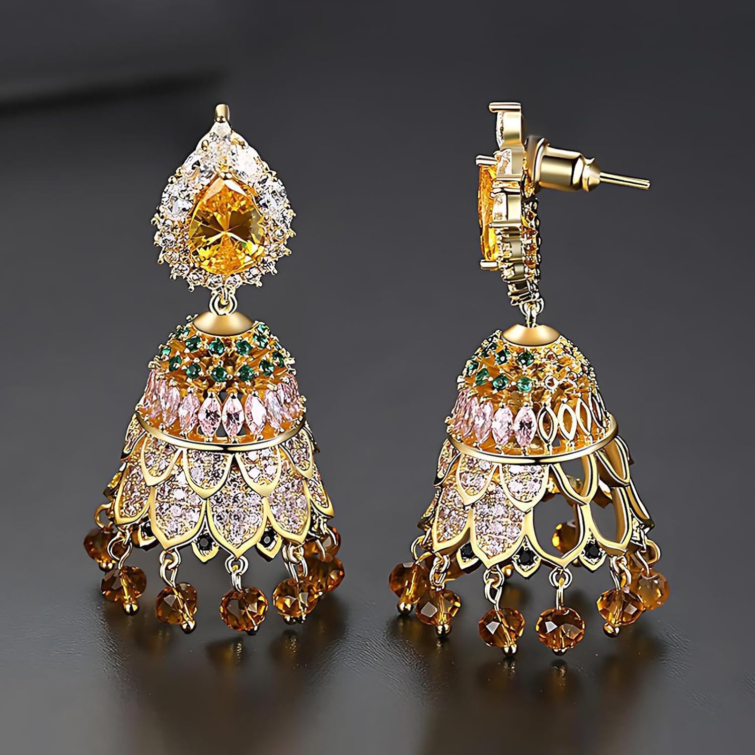 Gold Plated Bell Shaped Drop Earrings for Women, Indian Statement Dangle Earrings with Colorful Crystals, Wedding & Party Jewelry