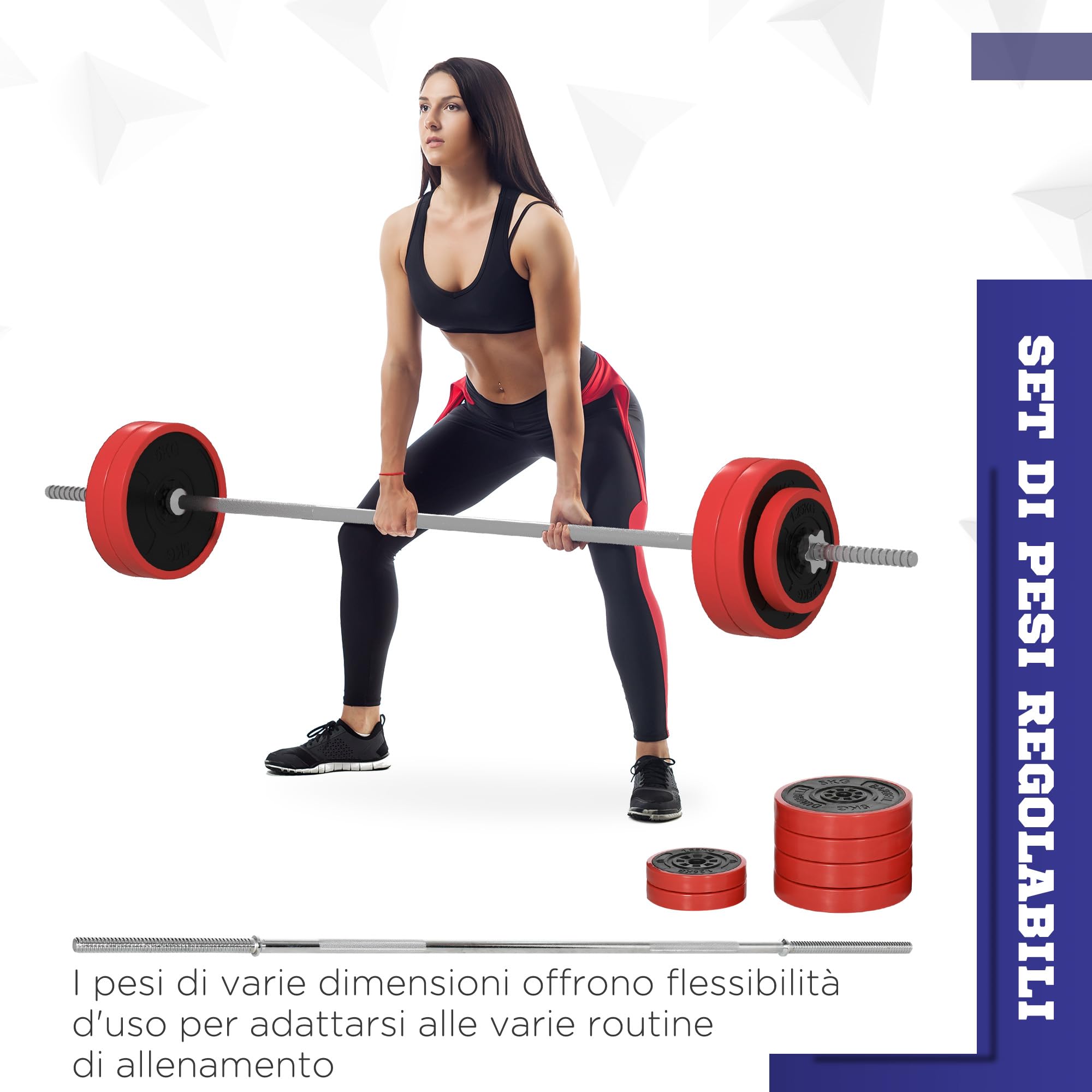 SPORTNOW Set di Bilanciere e Dischi da 30 kg totali con 6 Pesi e 2 Dadi di Fissaggio, Bilanciere Palestra Regolabile Antiscivolo in Acciaio, Plastica e Sabbia, Barra Ø25 mm, 170x26x26 cm, Rosso