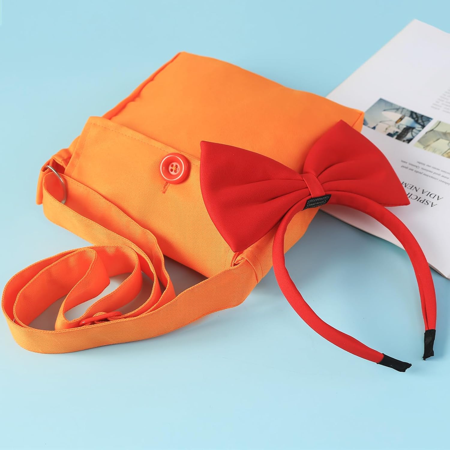 Nuolich Red Bow Headband and Orange Bag Set Women Costume Accessories Halloween Witch Cosplay