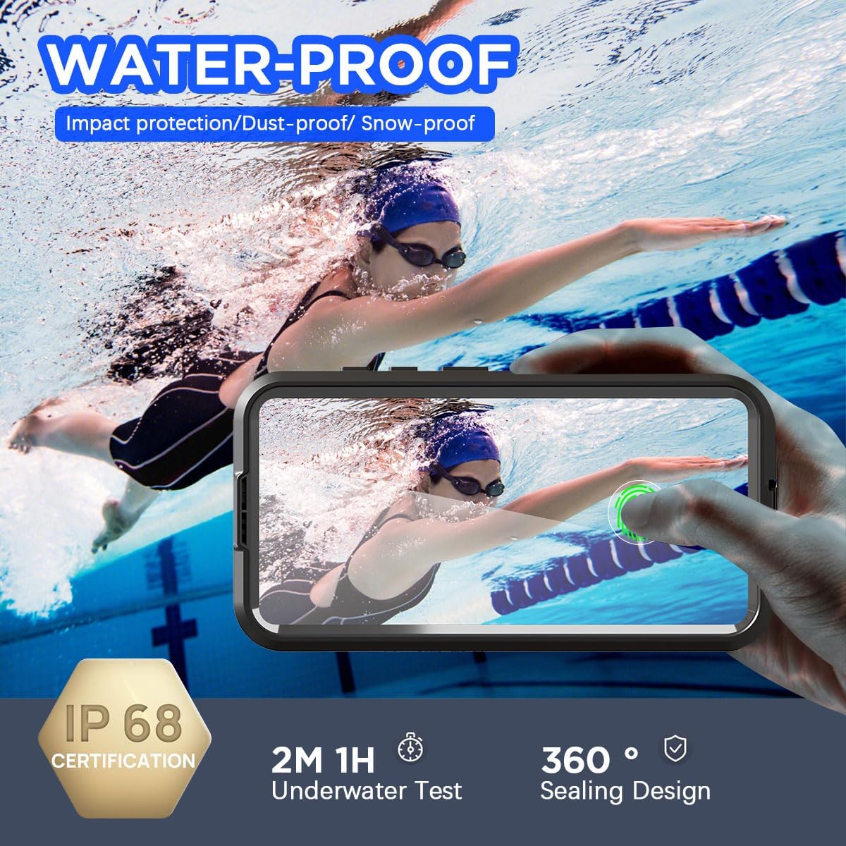 A Samsung Galaxy S26 Plus in the AICase waterproof case being used underwater to photograph a swimmer, with an IP68 certification badge.