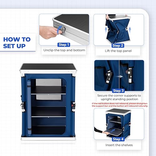 Vista 7 de EAGLE PEAK Mesa de camping plegable para exteriores con organizador grande de almacenamiento de 3 niveles y bolsillos laterales, fácil de instalar