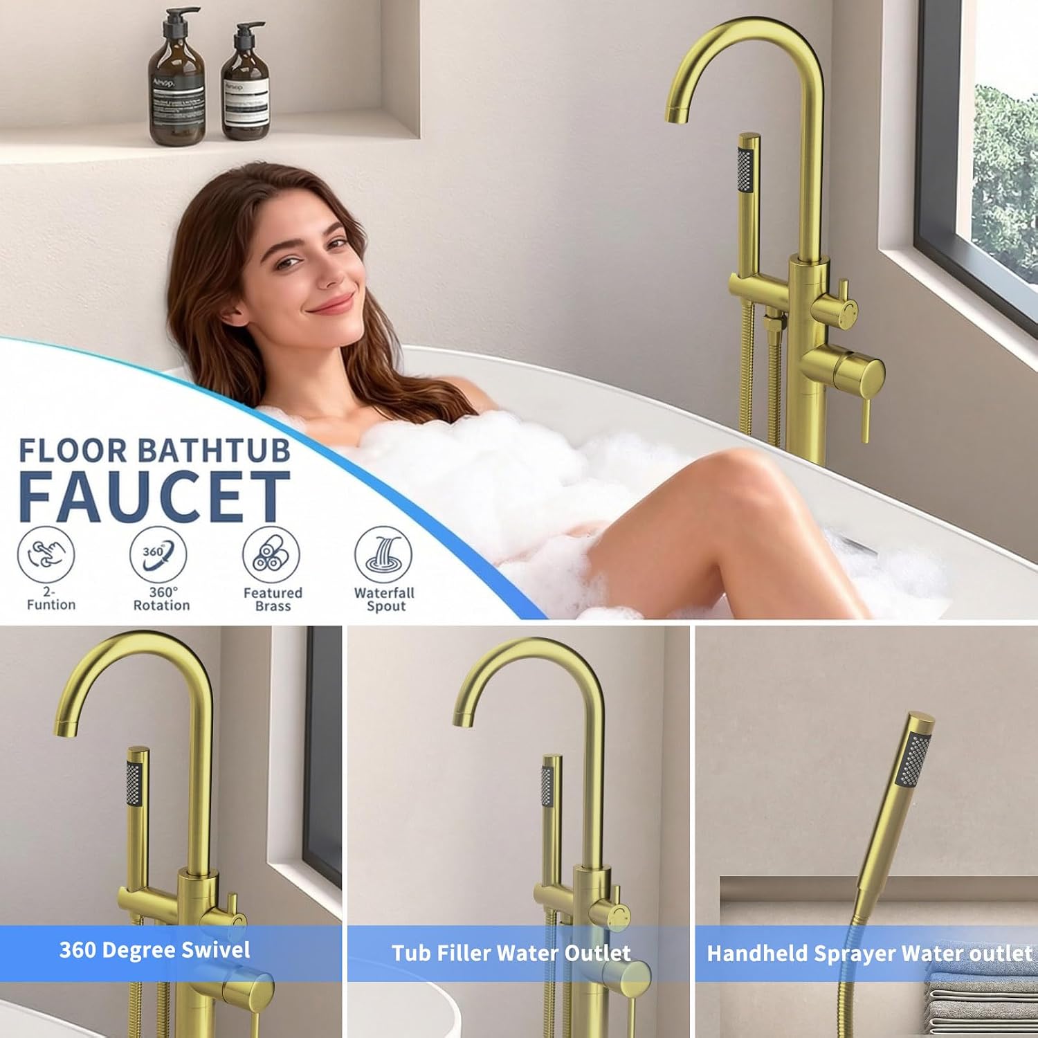 Freestanding Tub Filler Brushed Gold Floor Mount Bathtub Faucet Bathroom,Rough-in Valve 2 Function Handshower for Tub Rinsing Bathing,Anti-Wobble Base,Cylinder Handheld