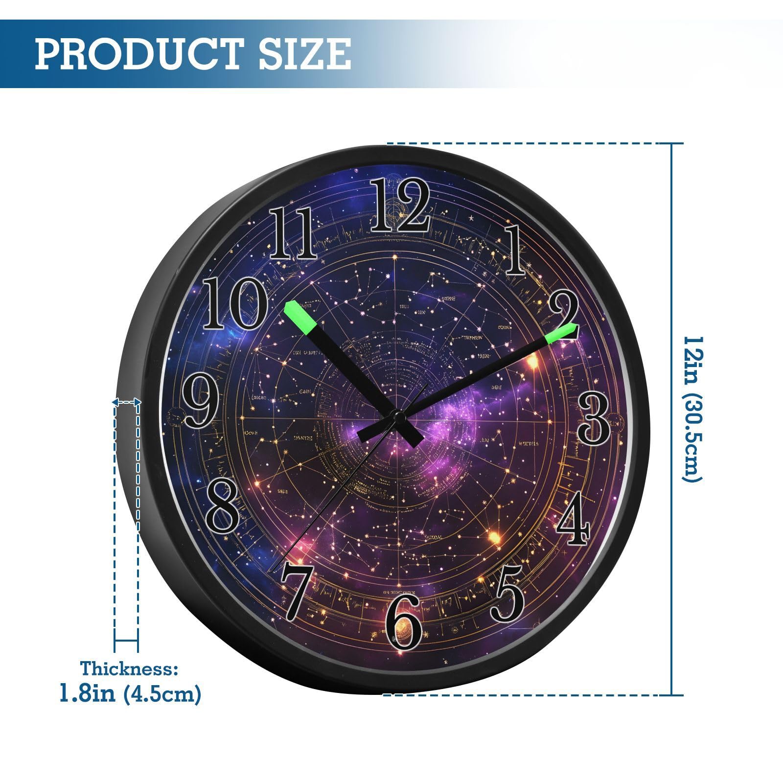 Mnsruu Reloj de pared con diseño de galaxia misteriosa, luminoso, funciona con pilas, silencioso, brilla en la oscuridad, para sala de estar, cocina, 12 pulgadas