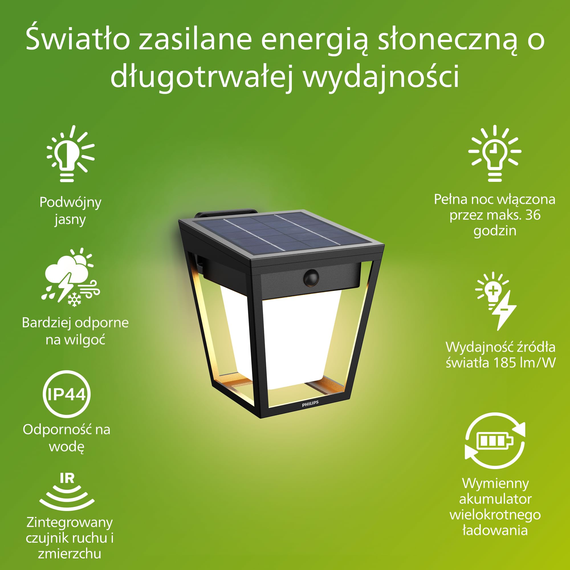 Philips Nissa UltraEfficient Zewnętrzna Lampa Ścienna Solarna z Czujnikiem, 3000K, 250/25lm, Czarna