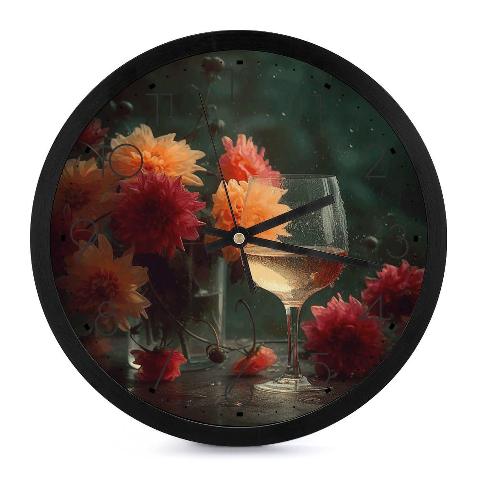Horloge murale analogique vin et fleurs pour cuisine, salon et salle de bain