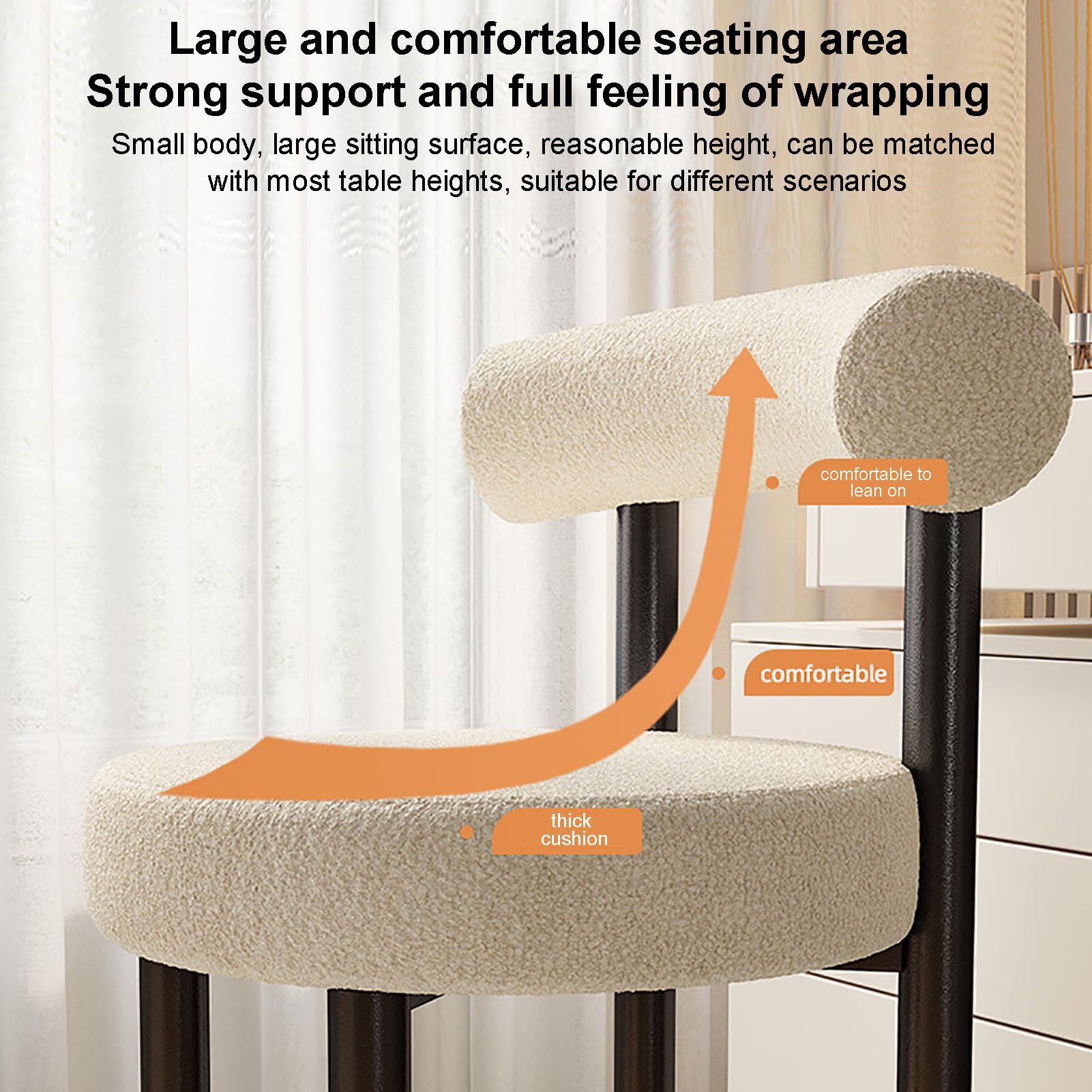 Elegante y cómoda Silla Auxiliar Moderna tapizada en bouclé con Respaldo Curvo y Patas de Metal para Sala de Estar, Dormitorio o Cocina.
