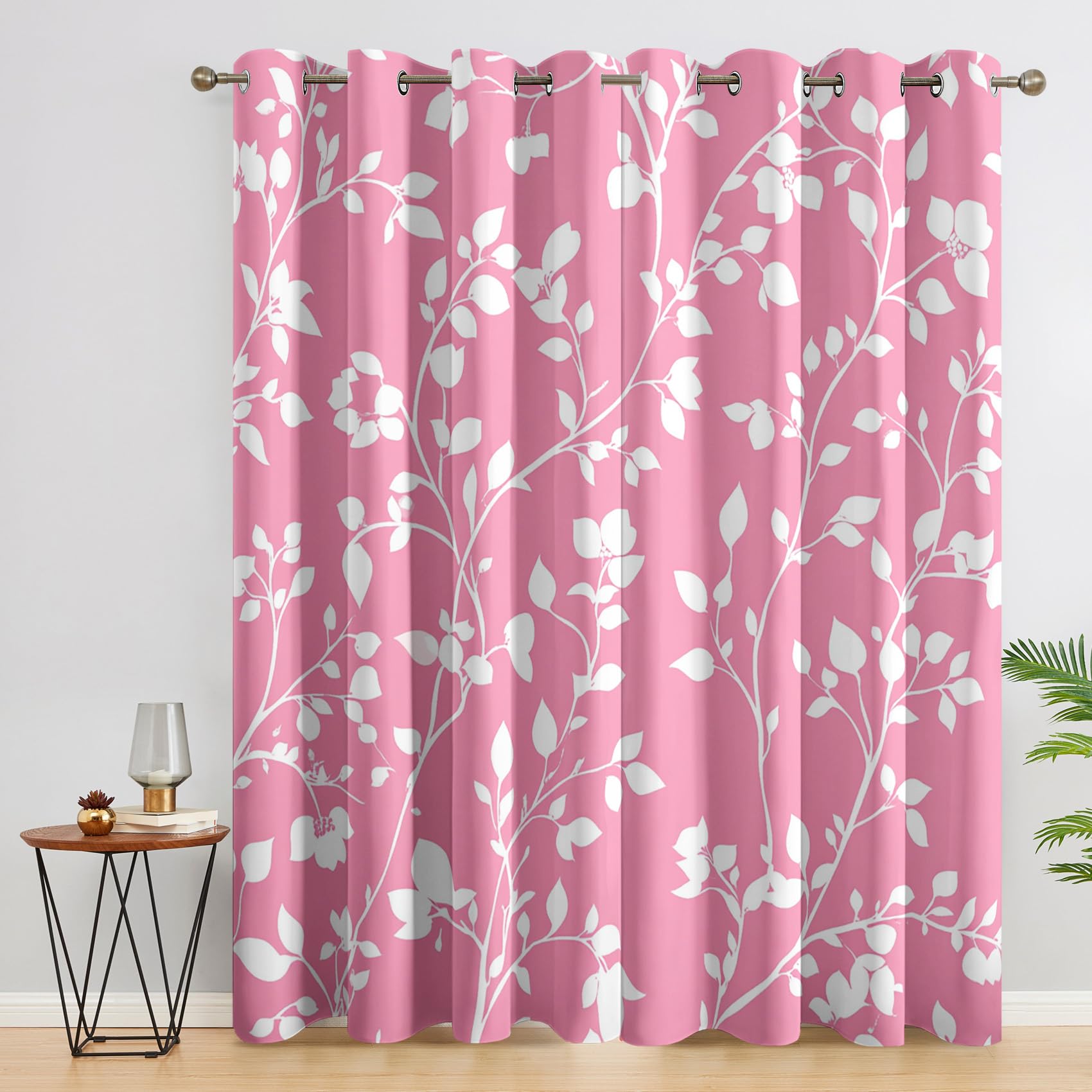 Leaf Floral Curtains 66x72 Inch 2 Panels, 95% Blackout, Branch Plant Pink Curtains for Bedroom, Living Room, Home Decor, Thermal Insulated Eyelet Window Drapes RCN116