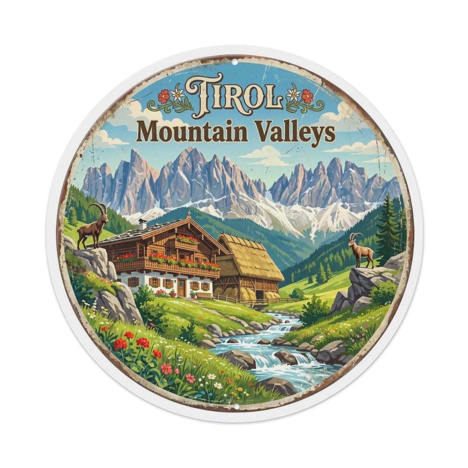 Vintage Travel Tirol Mountain Valley Metal Tin Sign