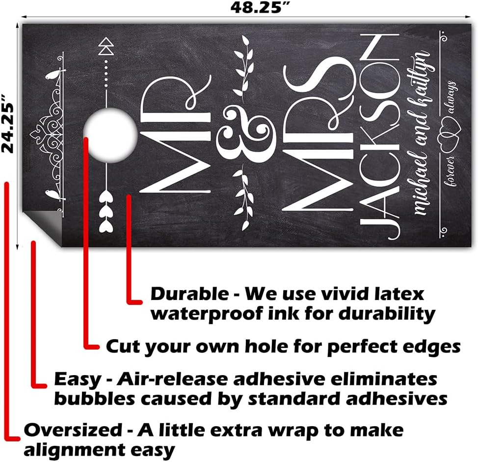 Cornhole Board Wraps & Decals Cornhole Wraps for Boards Set of 2 Corn Hole Decal, 20+ Designs Skins Professional Cornhole Decal for Boards Covers Sticker Cornhole Vinyl Wraps (Mr & Mrs Personalized)