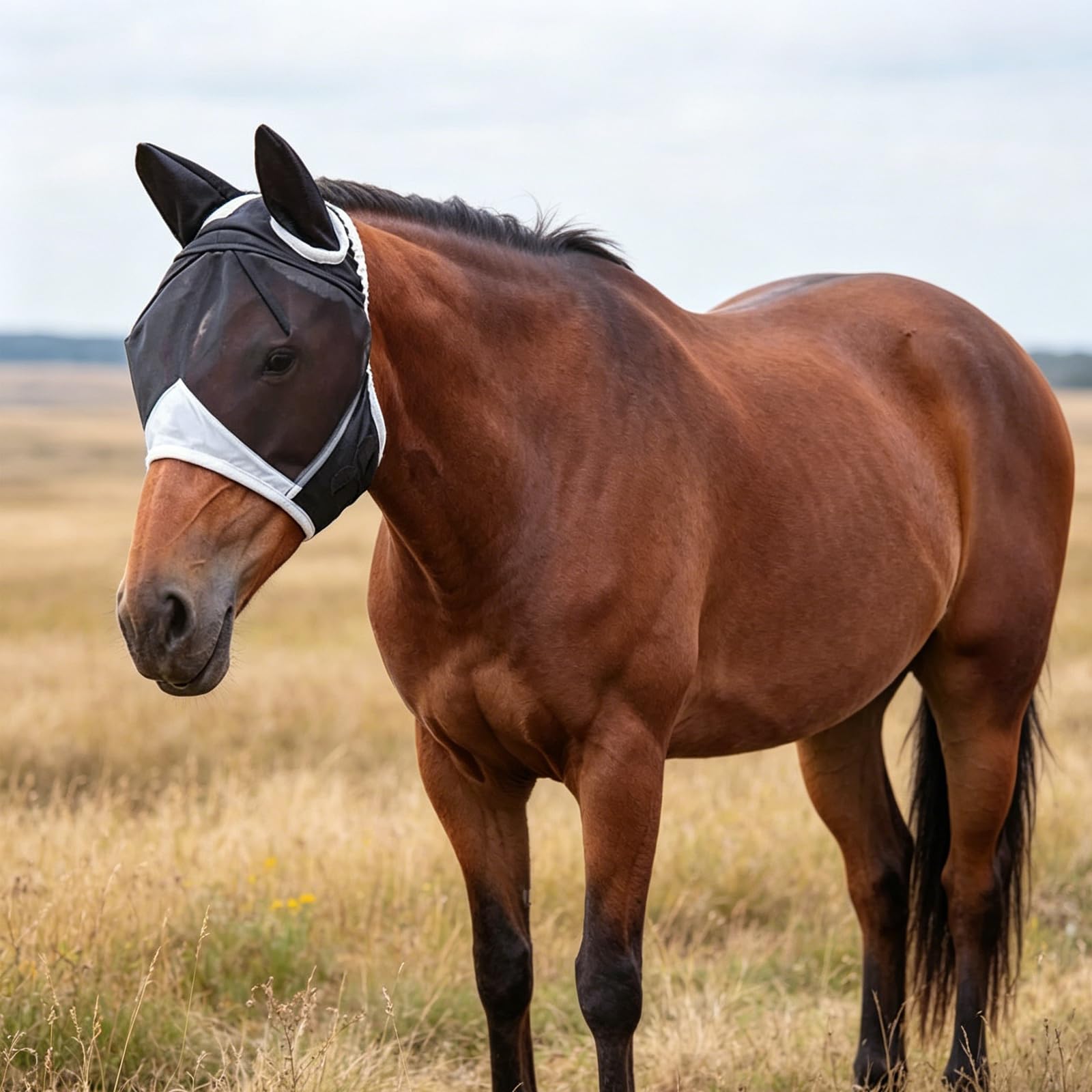 Máscara transpirable para moscas de caballo, máscara de mosca de caballo blanco y negro con orejas, tamaño ajustable (L)