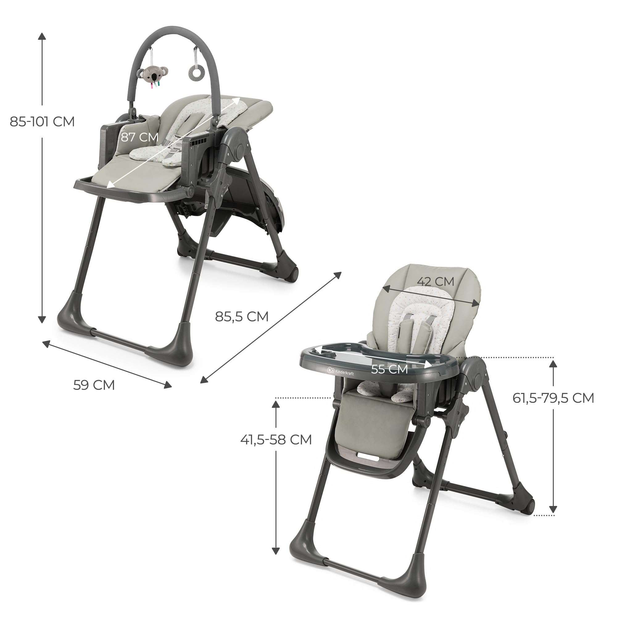 Kinderkraft TUMMIE Trona Bebé, 2 en 1, trona para niños, trona combinada, Asiento desde los primeros meses de vida, reposapiés, Posición tumbada, con juguetes, ajustable, Gris