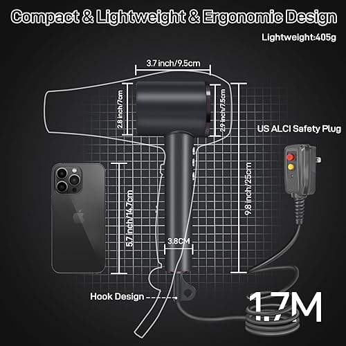 Miniatura 7 de CIICII Secador de pelo iónico negativo profesional, secador de pelo de alta velocidad de 120000 RPM (1600 W sin escobillas3 velocidades4