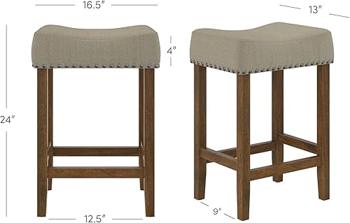 Miniatura 2 de Nathan James Hylie Juego de 2 taburetes de bar de madera con tachuelas de tapicería, para cubierta de cocina, altura de pub, 29 pulgadas, gris