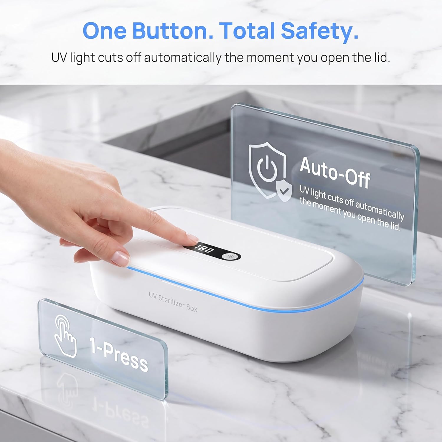 UV Light Clean Box with LCD Display, Portable UV Cleaner Case for Phone Glasses Jewelry Keys Earbuds Toothbrush, Large Capacity Organizer, White