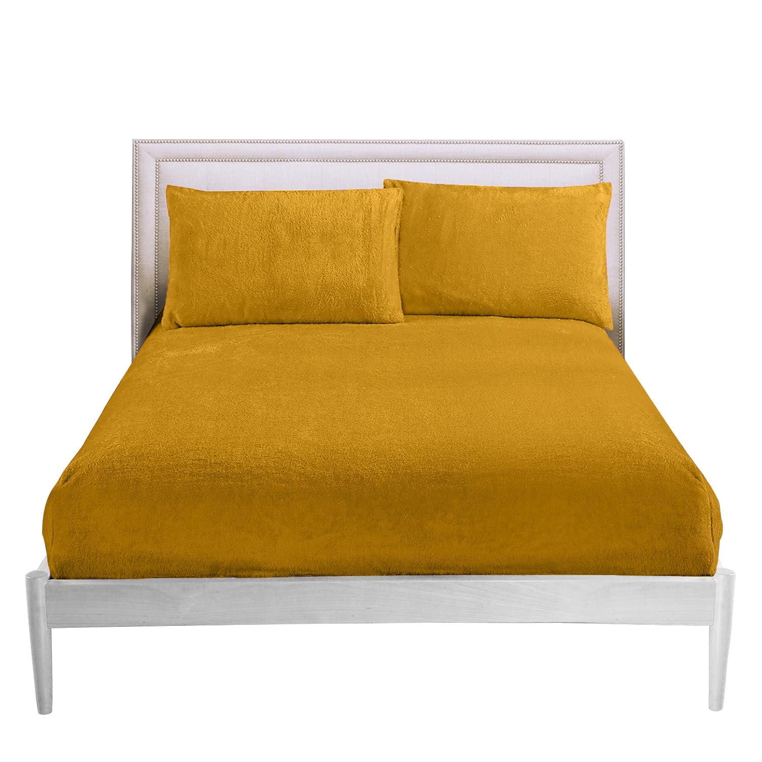 Easy Care Plain King Size Bed Sheets, 100 Percent Polyester Teddy Fitted Sheet, Thermal Warm Fleece Bottom Sheet, Ochre