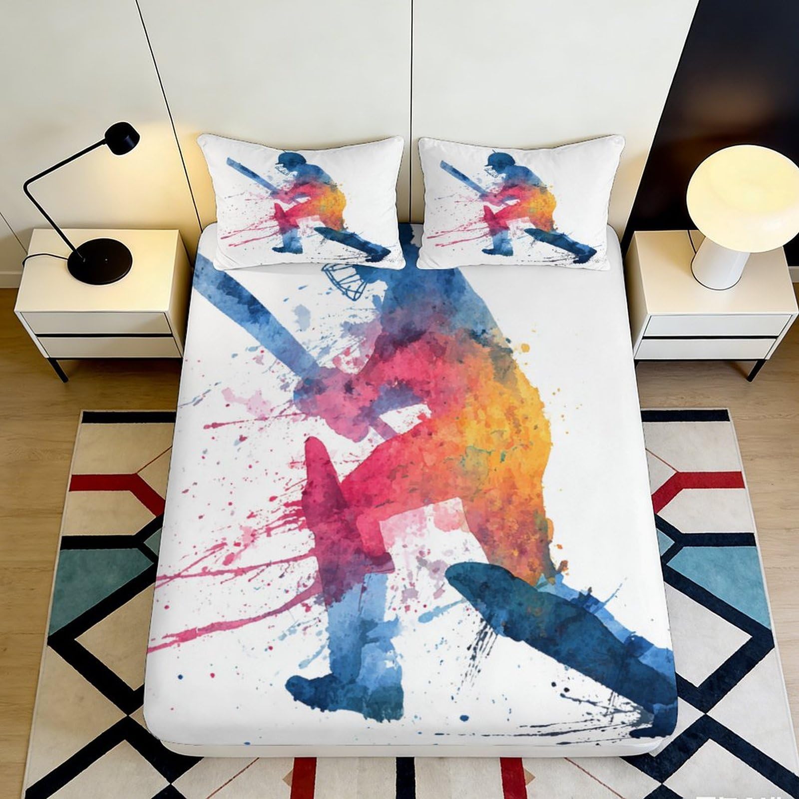 3D Printed Watercolor Baseball Fitted Sheet Microfiber Soft Breathable Splash Art Mattress Cover for Bedroom Decor 90x200x25cm