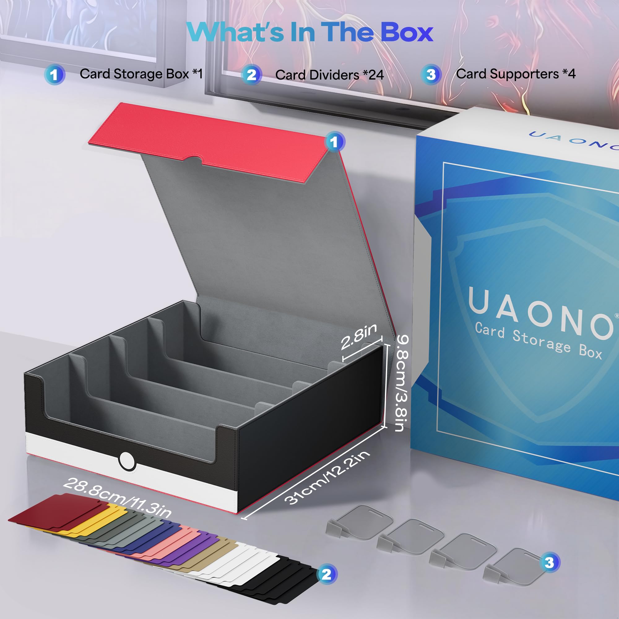 UAONO Caja de almacenamiento de tarjetas para tarjetas intercambiables, más de 2400 MTG Commander con 24 separadores coloridos, funda para tarjetas para juegos deportivos Magic TCG PTCG (rojo y blanco