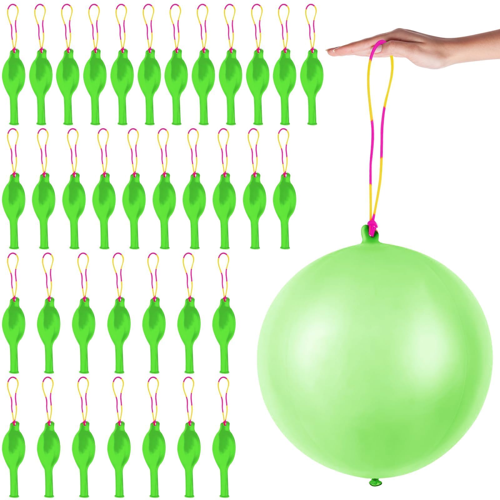 36 Pcs Green Punch Balloons | with Rubber Band Handle for Easy Grip - Ideal for Kids’ Birthday Party Favors, Classroom & Outdoor Play (Green)