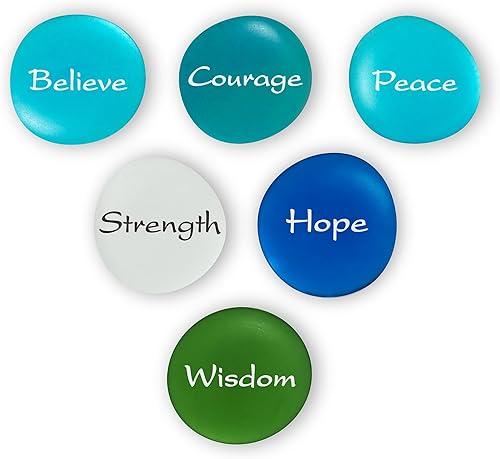 El mensaje de la sirena I, piedras de vidrio marino esmerilado, seis palabras inspiradoras en colores de playa, por Lifeforce Glass.