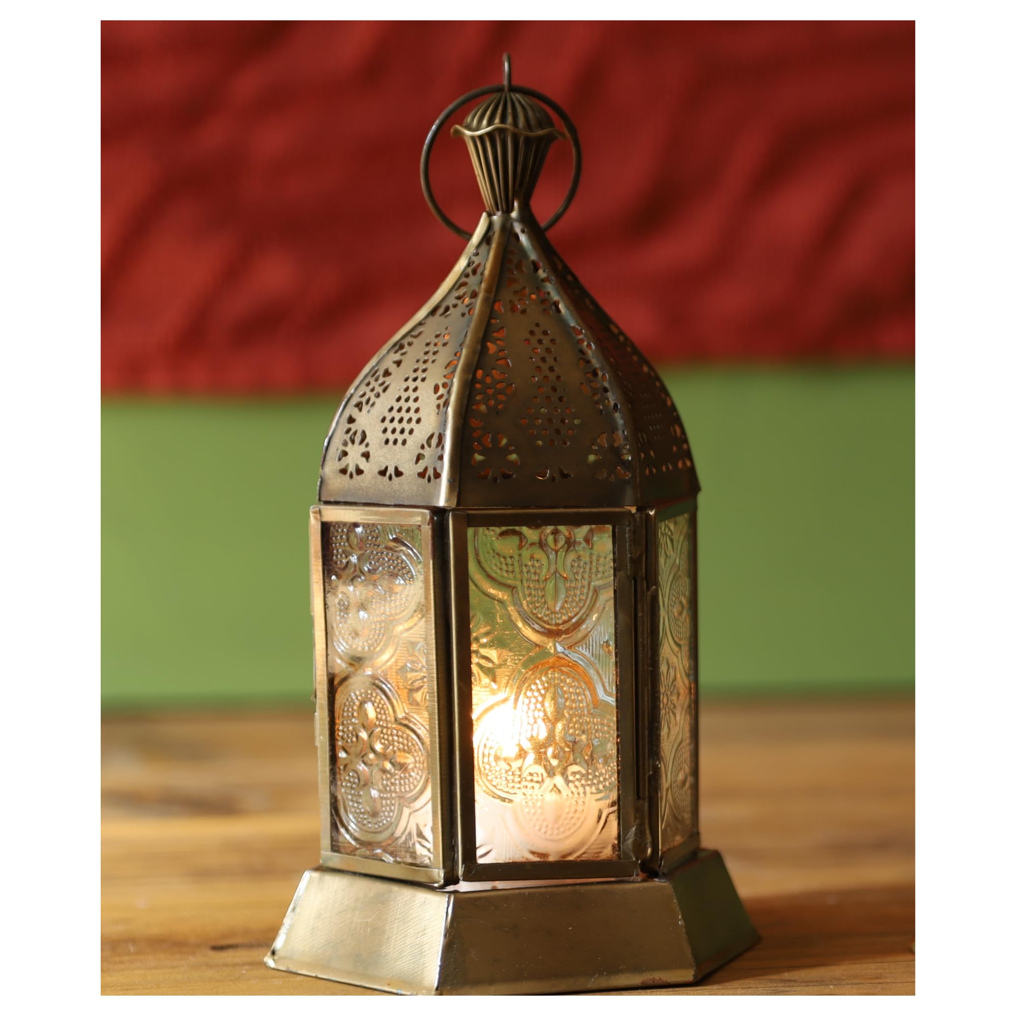 Gold Iron & Textured Glass Tealight Holder Tabletop Lamp Ramadan Decor Lantern Moroccan Antique Brass Finish