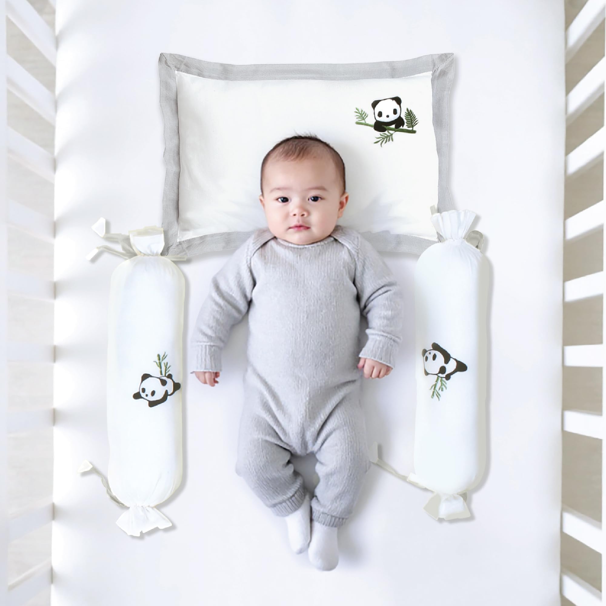 The White Cradle Cot Pillow + 2 Bolsters Set with Fillers - Organic Cotton Fabric, Protective Comfort, Softest Fiber Filling - Grey Panda