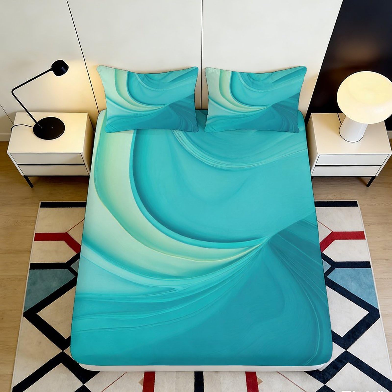 3D Printed Ocean Wave Fitted Sheet Microfiber Soft Aqua Swirl Bed Cover for Bedroom Guest Room Mattress Protection Decor 90x200x25cm