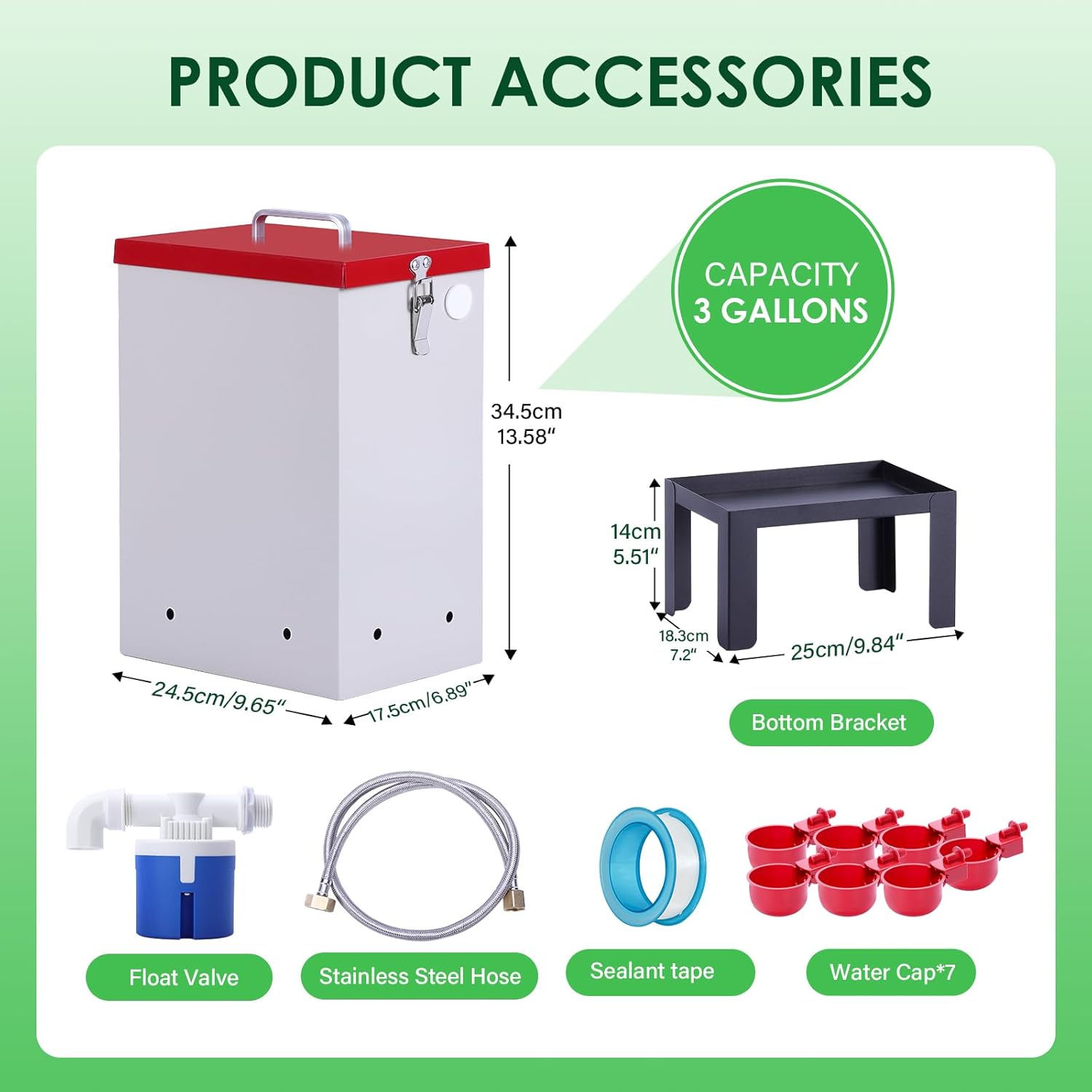 3 Gallon Chicken Waterer,Stainless Steels Automatic Chicken Waterer Feeder with Float Valve,Water Cups, Bottom Bracket and Hose (One End 3/4") Poultry Waterer Dispenser for Quail Duck Goose Turkeys