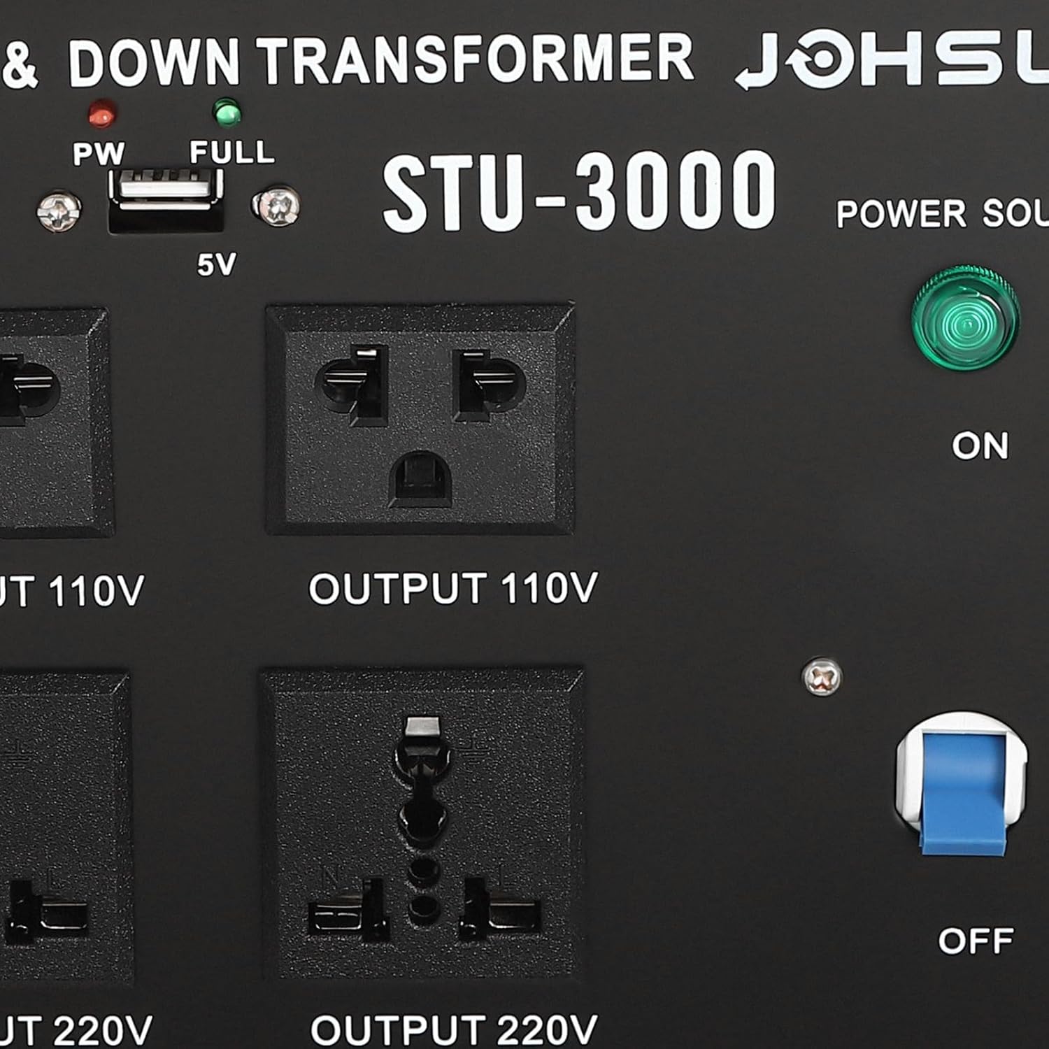 Close-up of the front panel of the TFCFL 3000W Voltage Power Converter Transformer, showing output sockets and power switch.