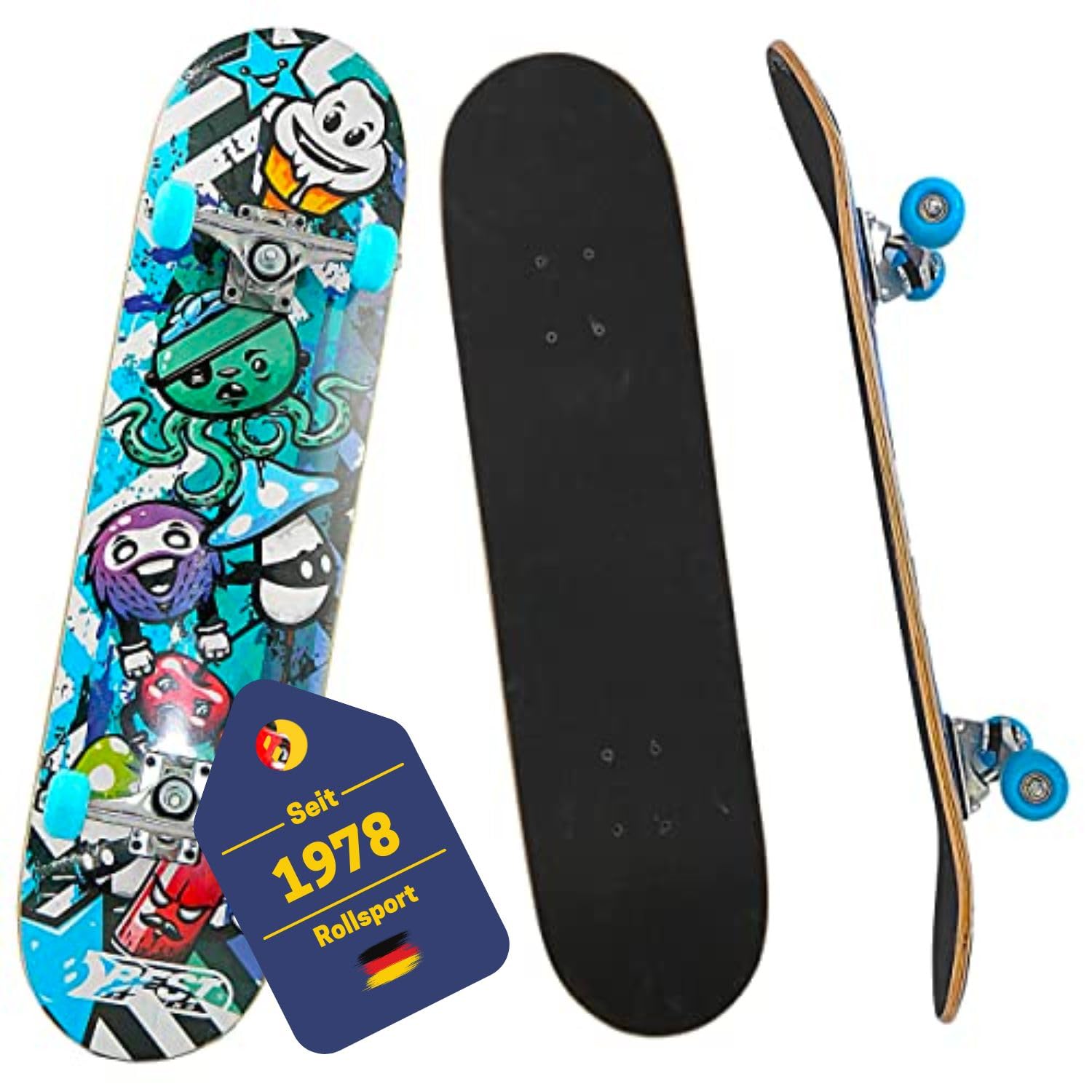 BEST SPORTING Skateboard A3 Kid Octopus – Skateboard 78 cm für Kinder mit rutschfestem Deck – 7-lagiges Ahornholz & Alu-Achse – ABEC 3 Kugellager – für Mädchen & Jungen ab 7 Jahre (Octopus Blue)