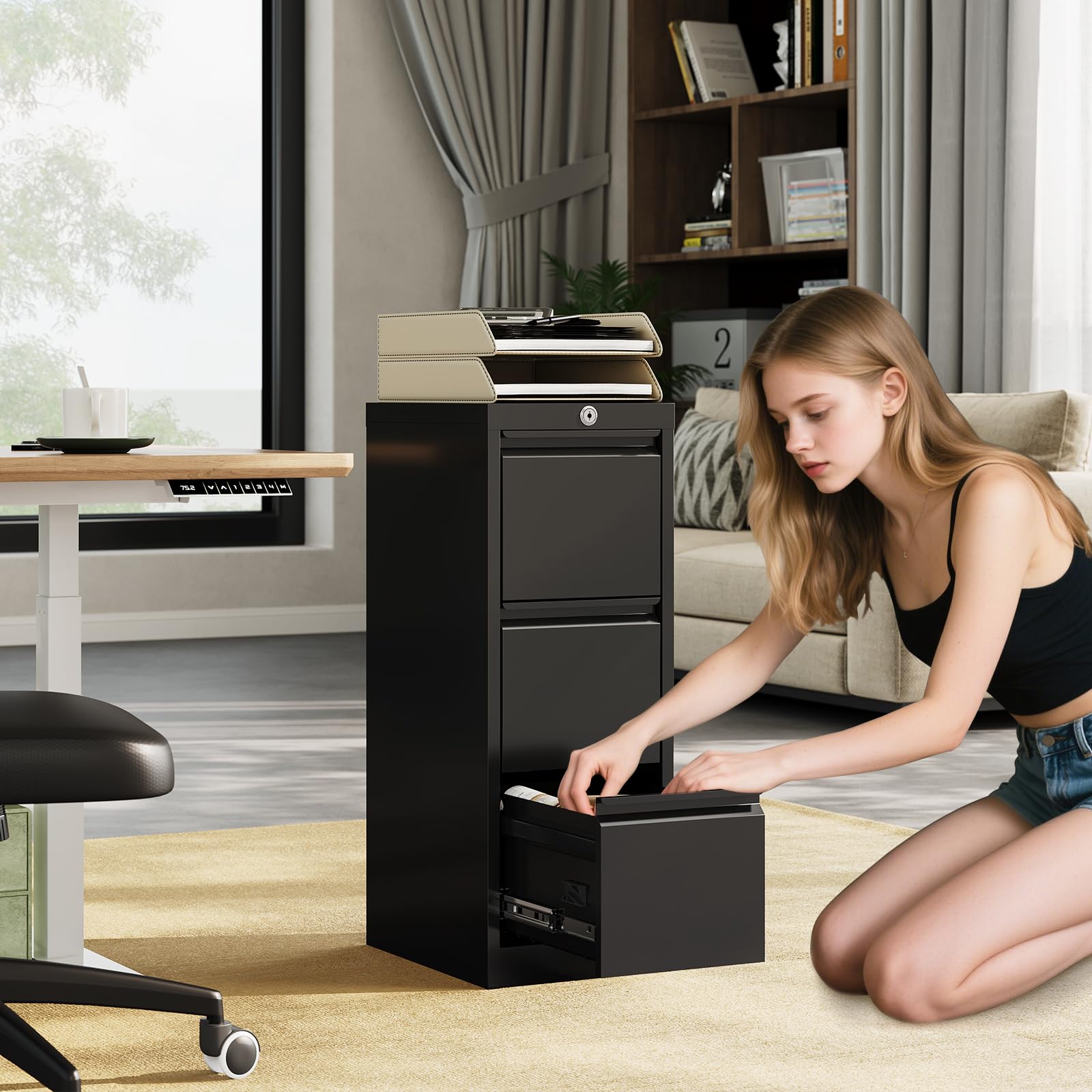 GarveeHome Aktenschrank Stahl Schwarz 3 Schubladen Buerokabinett | Büromöbel Rollcontainer Schlüsselschloss Aufbewahrung stabil Büro Arbeitszimmer Home Office