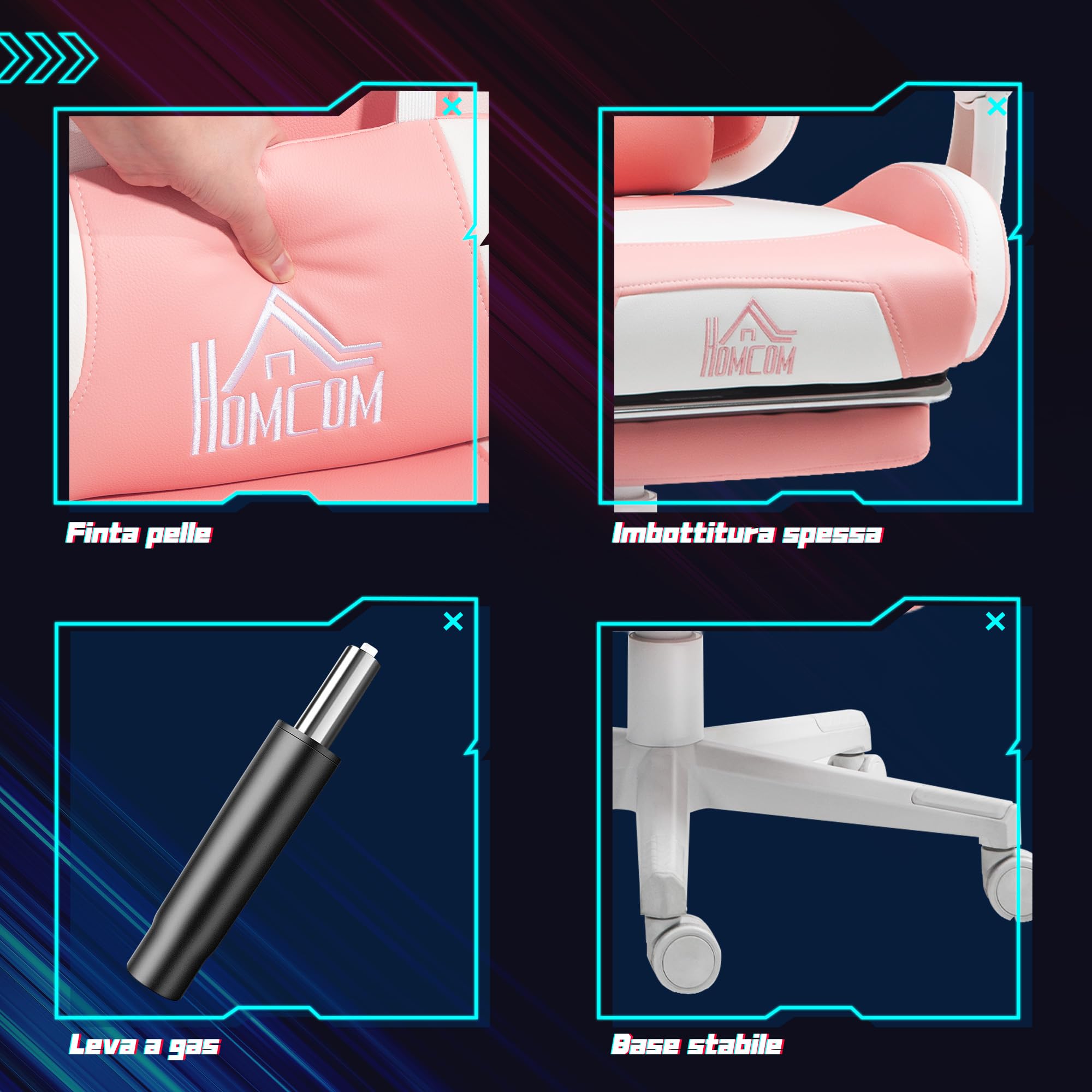 HOMCOM Sedia Gaming Ergonomica con Orecchie da Gatto, Poltrona Gaming Ufficio Reclinabile in Finta Pelle con Poggiapiedi, Poggiatesta e Altezza Regolabile, Supporto Lombare e Cervicale, Rosa