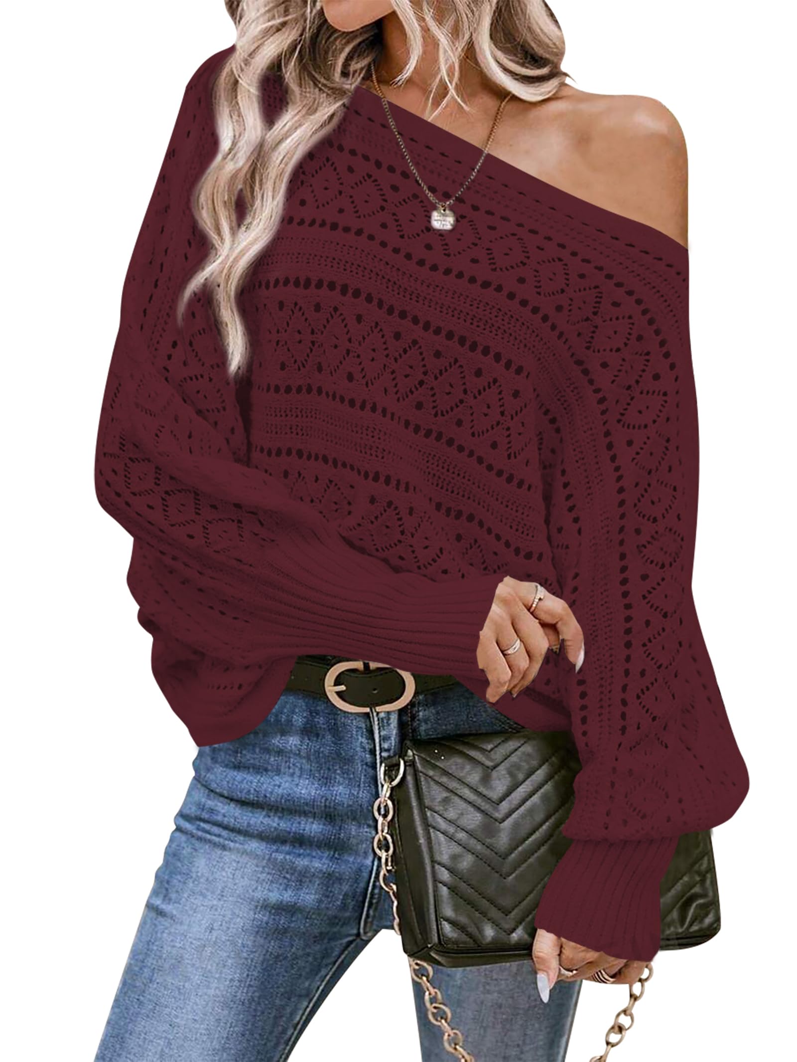 Cakulo Womens Off Shoulder Oversized Pullover Knit Sweater