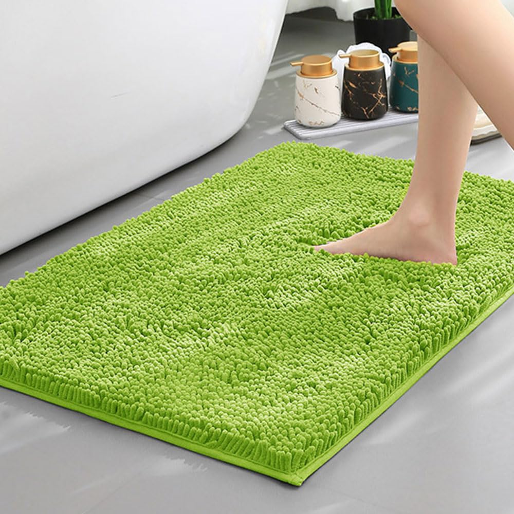 Mateju Bath Mats for Bathroom Non-Slip Rectangle Chenille Bathroom Rug Absorbent Shower for Bath and Tub Toilet, Red Series Encryption Mat for Children Pets Cats (Lime Green,50x80CM)