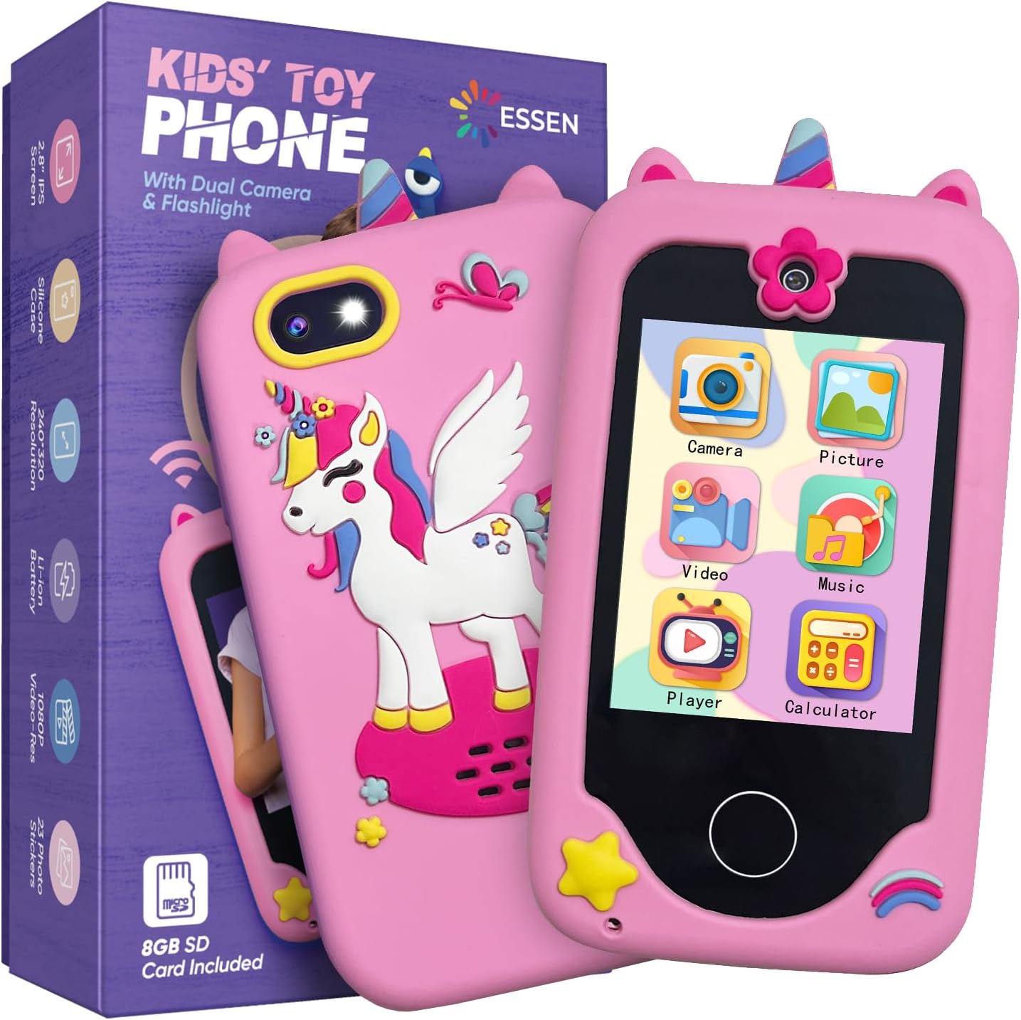 ESSEN Kids Smart Phone Toys for Girls Ages 3-8 Toddler Play Travel Toys with Dual Camera Educational Learning Game Puzzle MP3 Music Player Birthday Gift for Kids Girls 3 4 5 6 7 8 Year Old (8 GB)-Pink