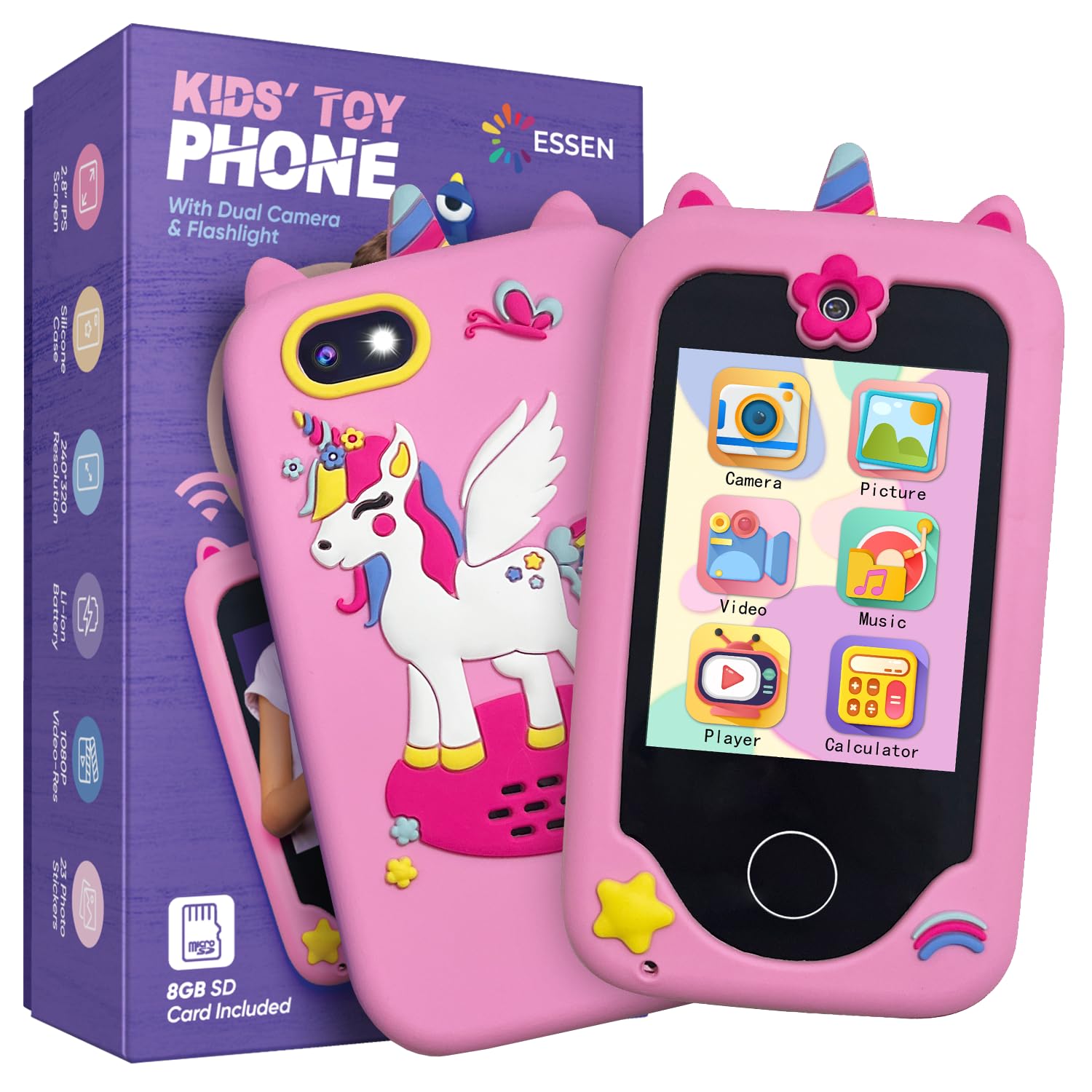 ESSEN Kids Smart Phone Toys for Girls Ages 3-8 Toddler Play Travel Toys with Dual Camera Educational Learning Game Puzzle MP3 Music Player Birthday Gift for Kids Girls 3 4 5 6 7 8 Year Old (8 GB)-Pink