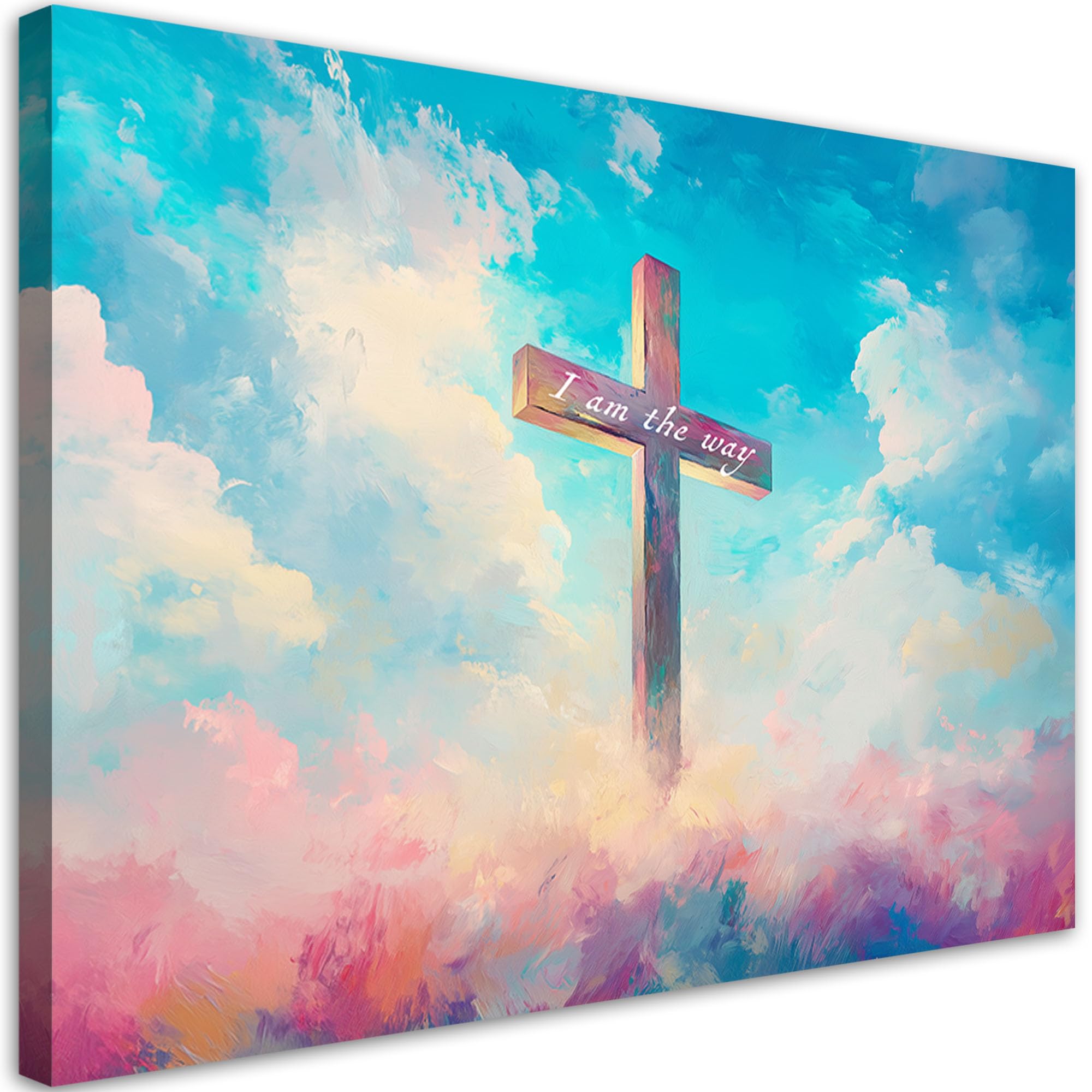 Feeby - Impression sur Toile - Tableaux Decoratifs Muraux - Ciel coloré Croix Religieux - 100x70 1partie - Decoration Salon - Photo sur toile Cadeau - Tableau toile pour le mur