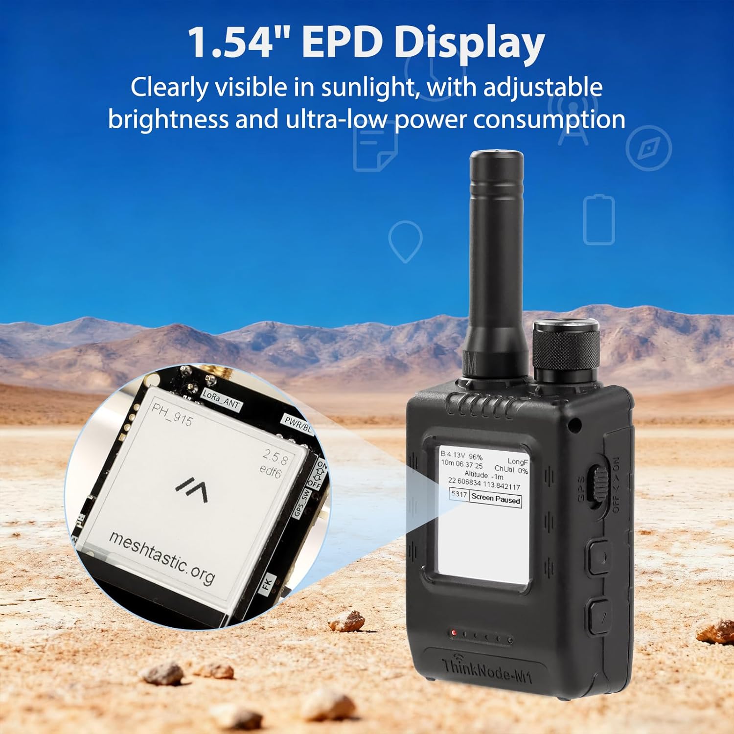 ELECROW ThinkNode M1 Compatible for LoRa Meshtastic with GPS and nRF52840-1.54" EPD Screen and Case, SX1262 Wireless Module 915MHz, 1200mAh Battery for Meshtastic, Long Range Communication