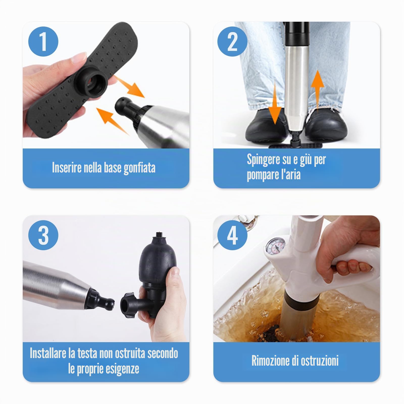 Pompa Stura Scarichi, Stura WC con Barometro, Molto Rispettoso Dell'ambiente, Stura Lavandini con Quattro Diverse Ventose Adatto per Bagni Bagni Lavabi
