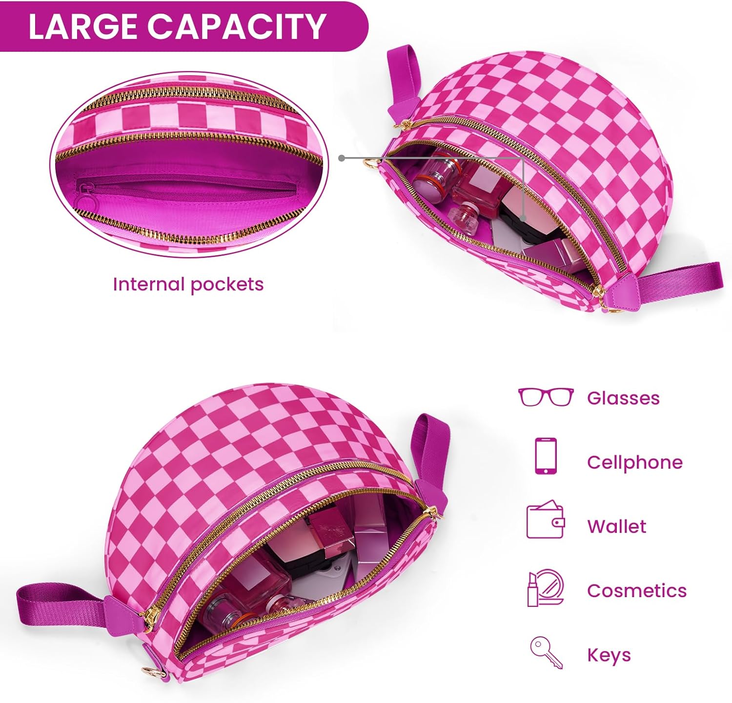 hibear Checkered Crossbody Bag Spacious Bum Bags for Women Nylon Crossbody Fanny Packs Checkered Purse Belt Wallet - Image 7