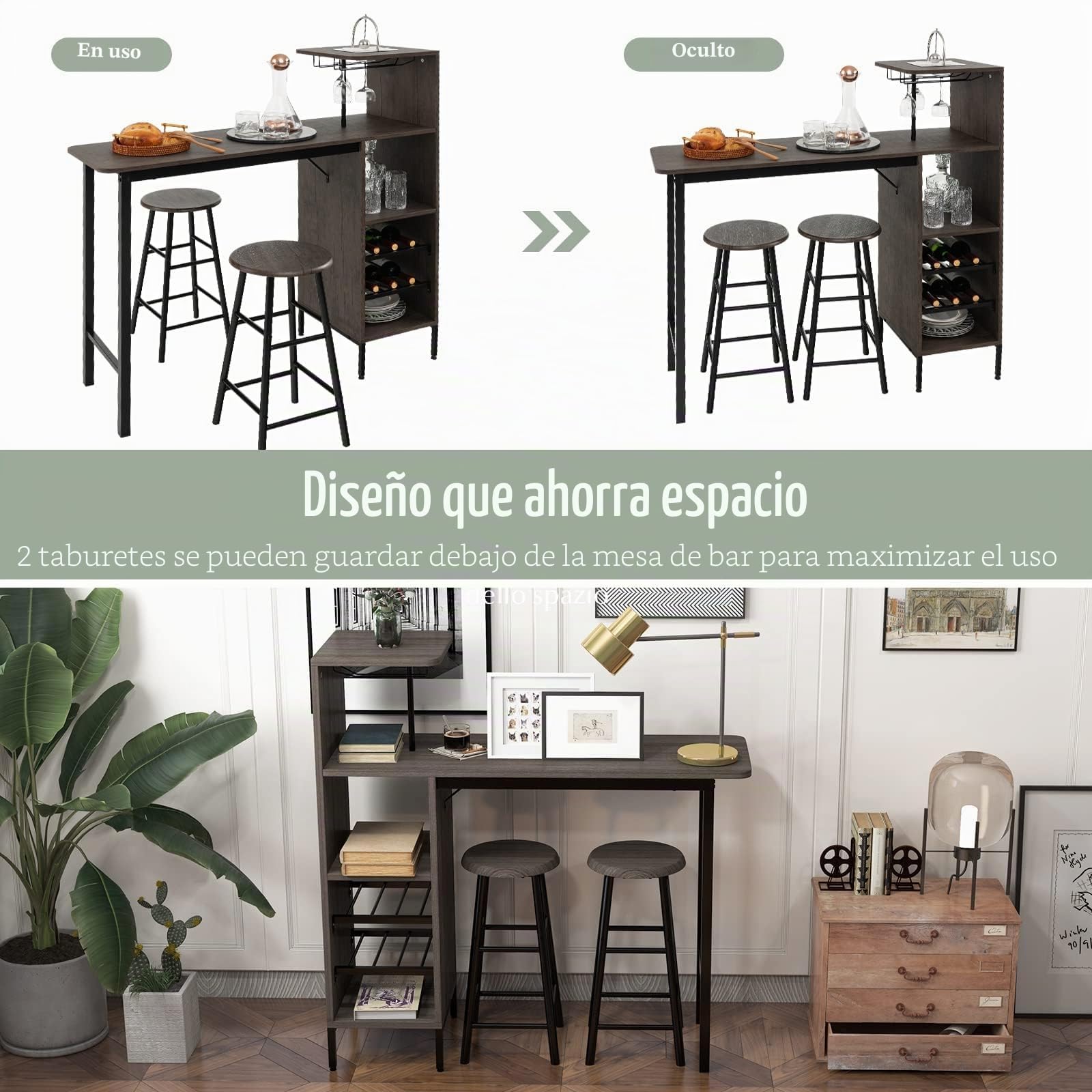 RELAX4LIFE Juego de Mesa Comedor de 3 Piezas, Mesa de Comedor con 2 Taburetes de Bar, 3 Estantes, Soportes para Copas y Portabotellas de 2 Niveles, Mesa Alta Cocina de MDF, 120x40x121,5cm (Marrón)