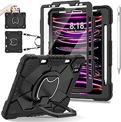 Capa Para iPad Pro 11", para iPad Air 4ª e 5ª Geração 10,9", Case Anti Impacto com Suporte para Pencil, Com Alça de Ombro (Preto, Com Caneta Touch e Película de Vidro)