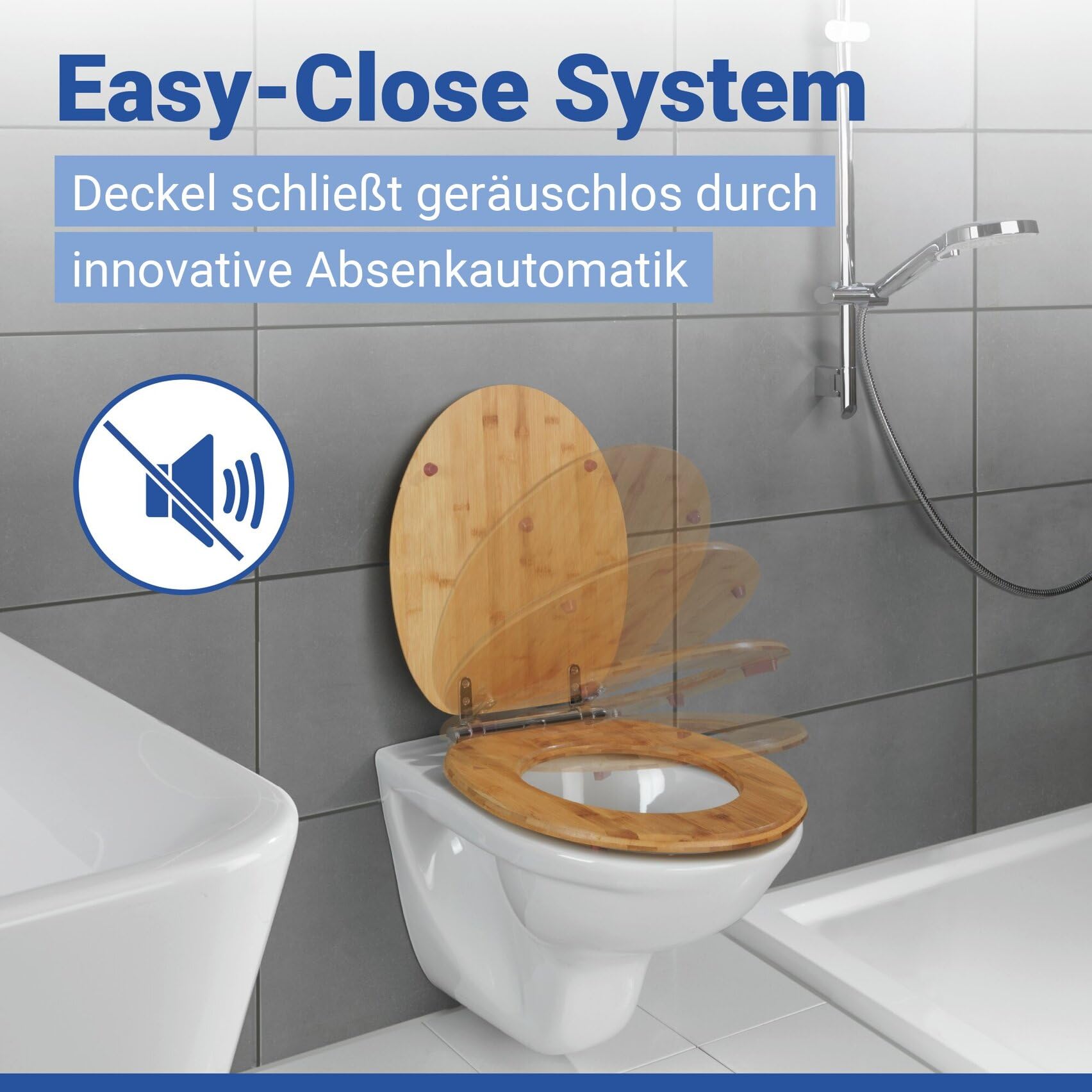 WENKO Toilettendeckel mit Absenkautomatik, hohe Belastbarkeit bis 300 kg, ovaler WC Sitz, Klodeckel aus Bambus, FSC-Zertifiziert, lackiert und feuchtigkeitsresistent, Mod. Bambusa, braun
