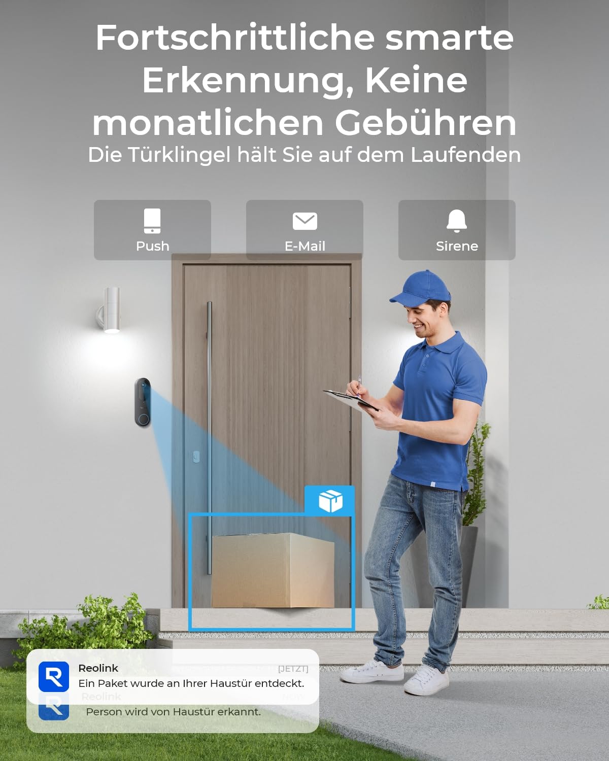 Reolink Video Doorbell, Akku Türklingel mit Kamera, 2K Kabellose Videotürklingel, 1:1 Kopf-bis-Fuß-Ansicht, 2,4/5GHz WLAN, Person/Fahrzeug/Paket-Erkennung, 2-Wege-Audio, Lokale Speicherung Ohne Gebühr