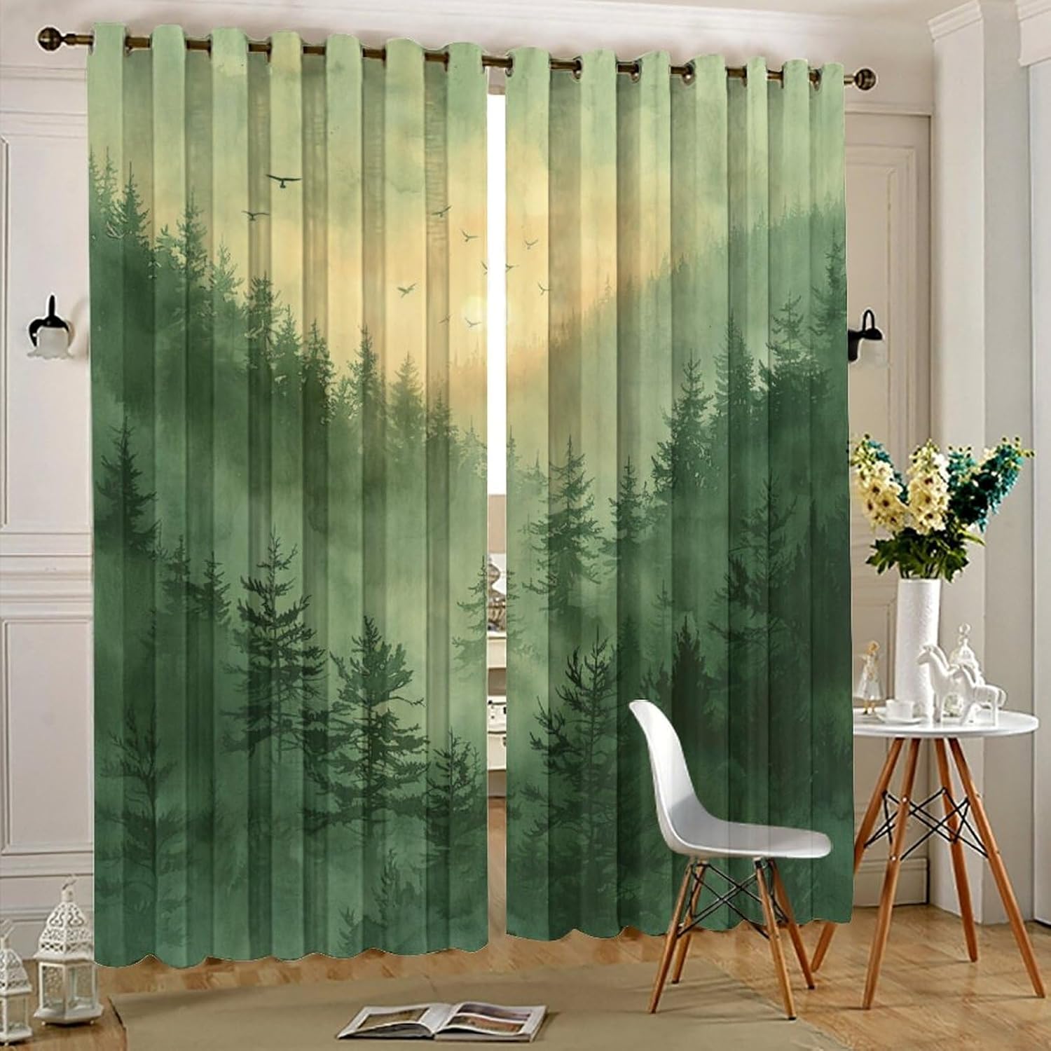 Misty Forest Fantasy Curtains for Bedroom, Sunset Bird Tree Mountain Grommet Blackout Curtains Thermal Insulated Window Drapes for Living Room, 21W x 45L, 2 Panels