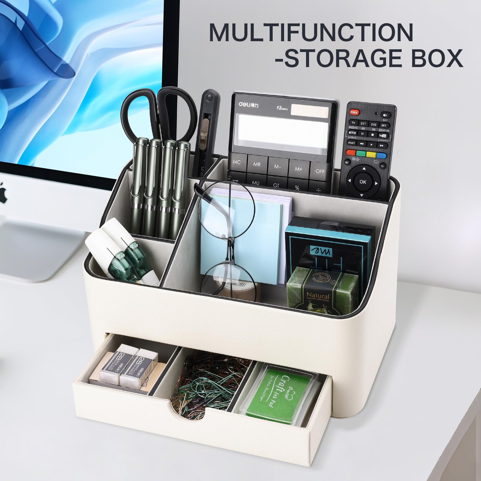 KINGFOM Organizer da scrivania con cassetto, portapenne multifunzione per scrivania, organizer da scrivania e accessori, 5 scomparti per forniture per casa e ufficio (crema)
